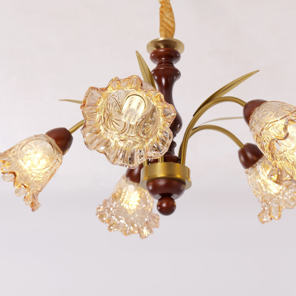 5-Light Vintage Glass Flower Chandelier | Copper E27 Pendant Lamp
