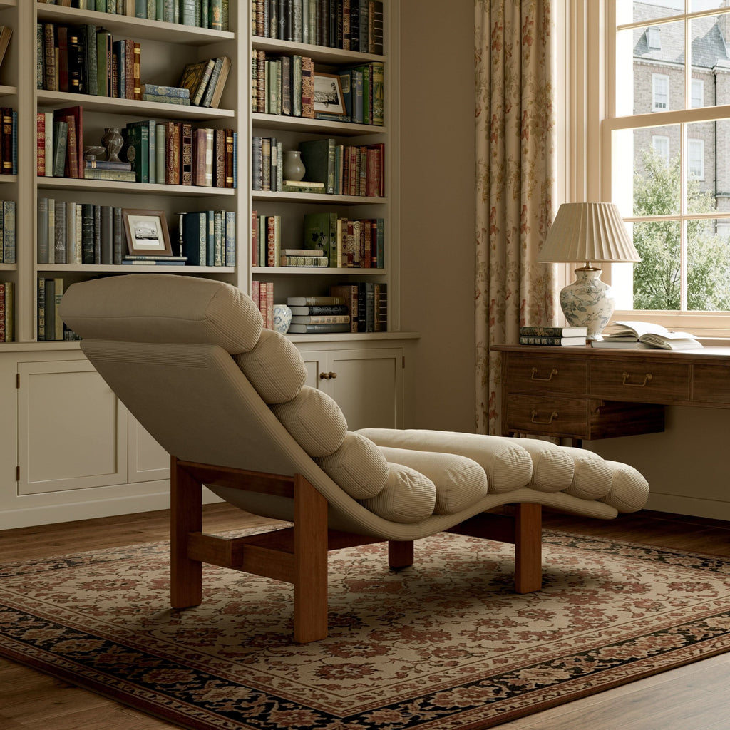 Cottonfy Modern Ergonomic Corduroy Chaise Lounge with Natural Wooden Frame