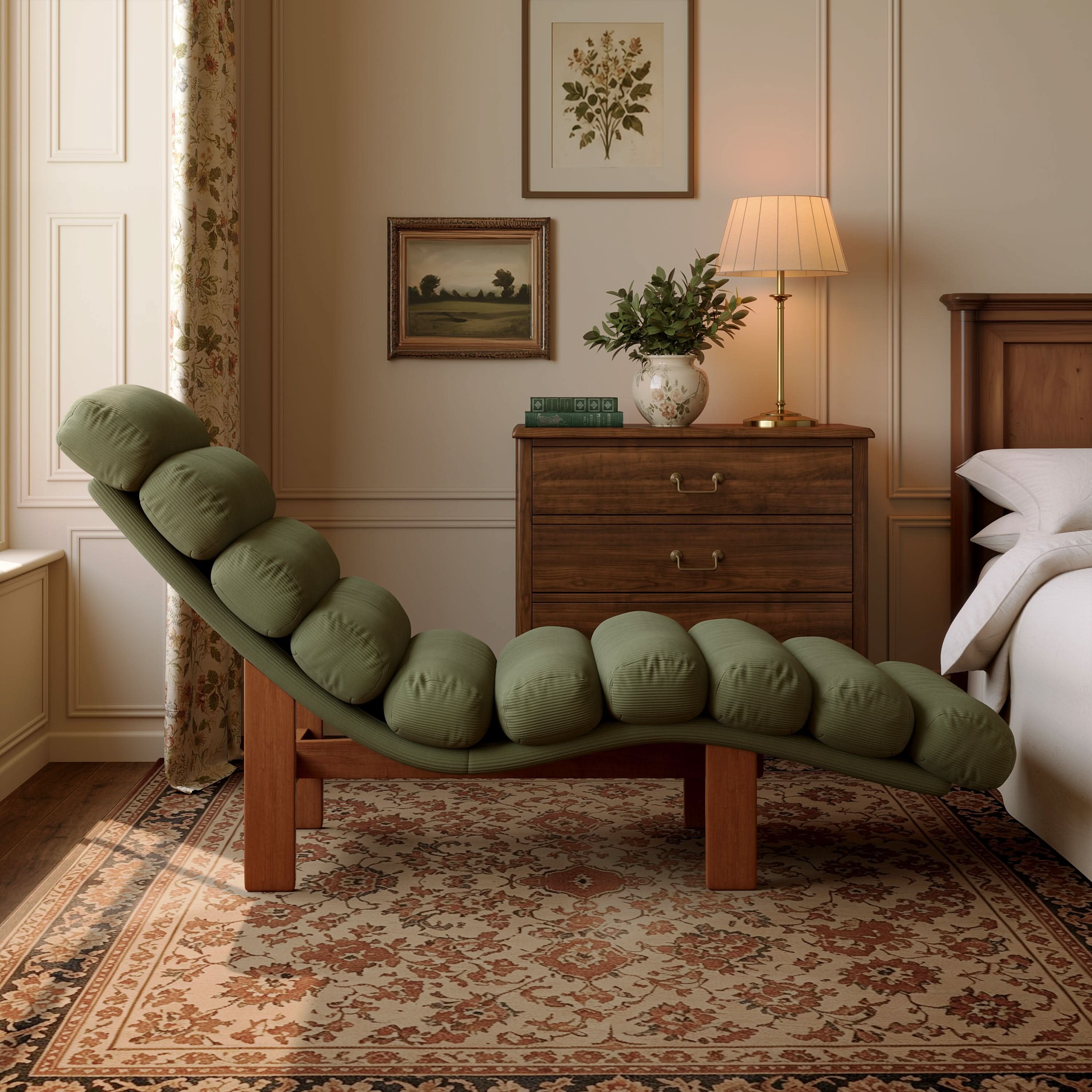 Cottonfy Modern Ergonomic Corduroy Chaise Lounge with Natural Wooden Frame
