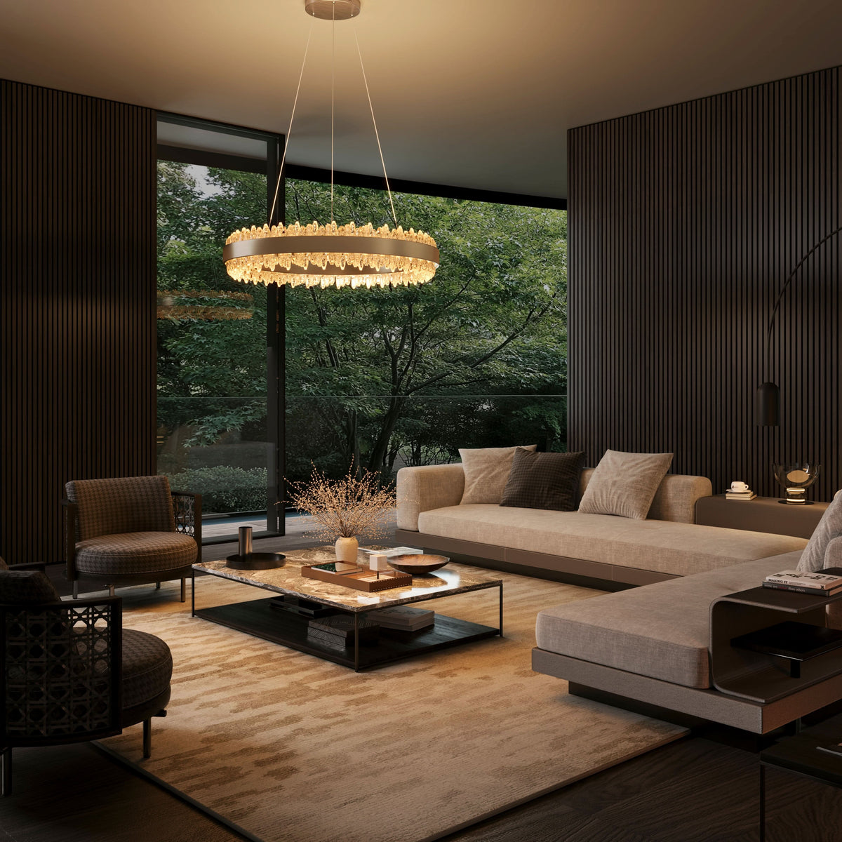Lightsin Crystal LED Pendant Light Gold Circular Chandelier with Crystal Edges