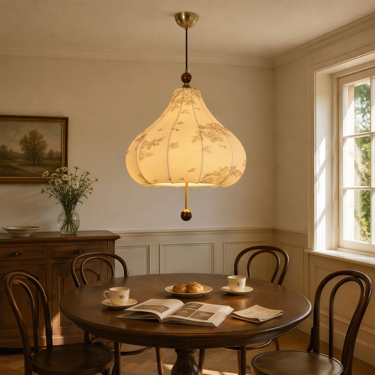 Yellow Floral Fabric Pendant Light | Adjustable E27 Ceiling Lamp