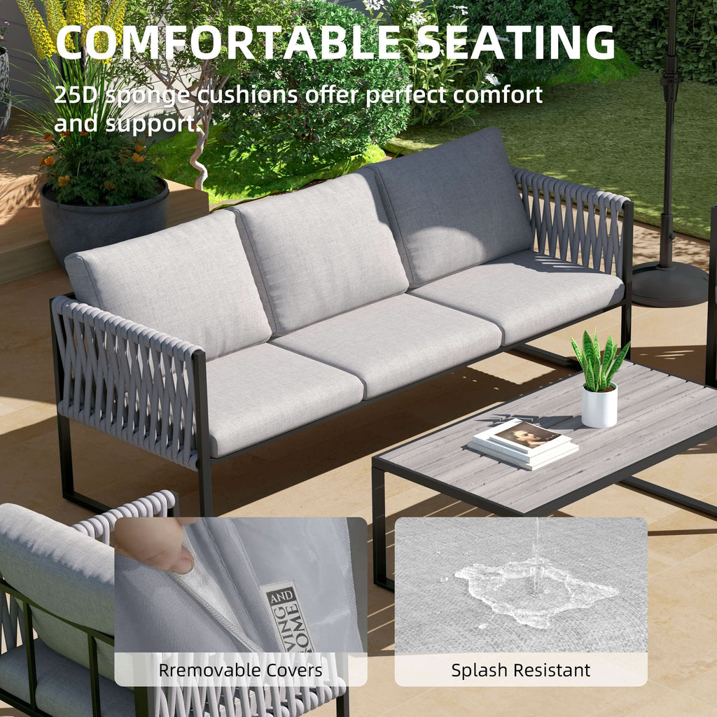 4 Piece Outdoor Garden Sofa Set with Rope Detailing and Sturdy Metal Frame