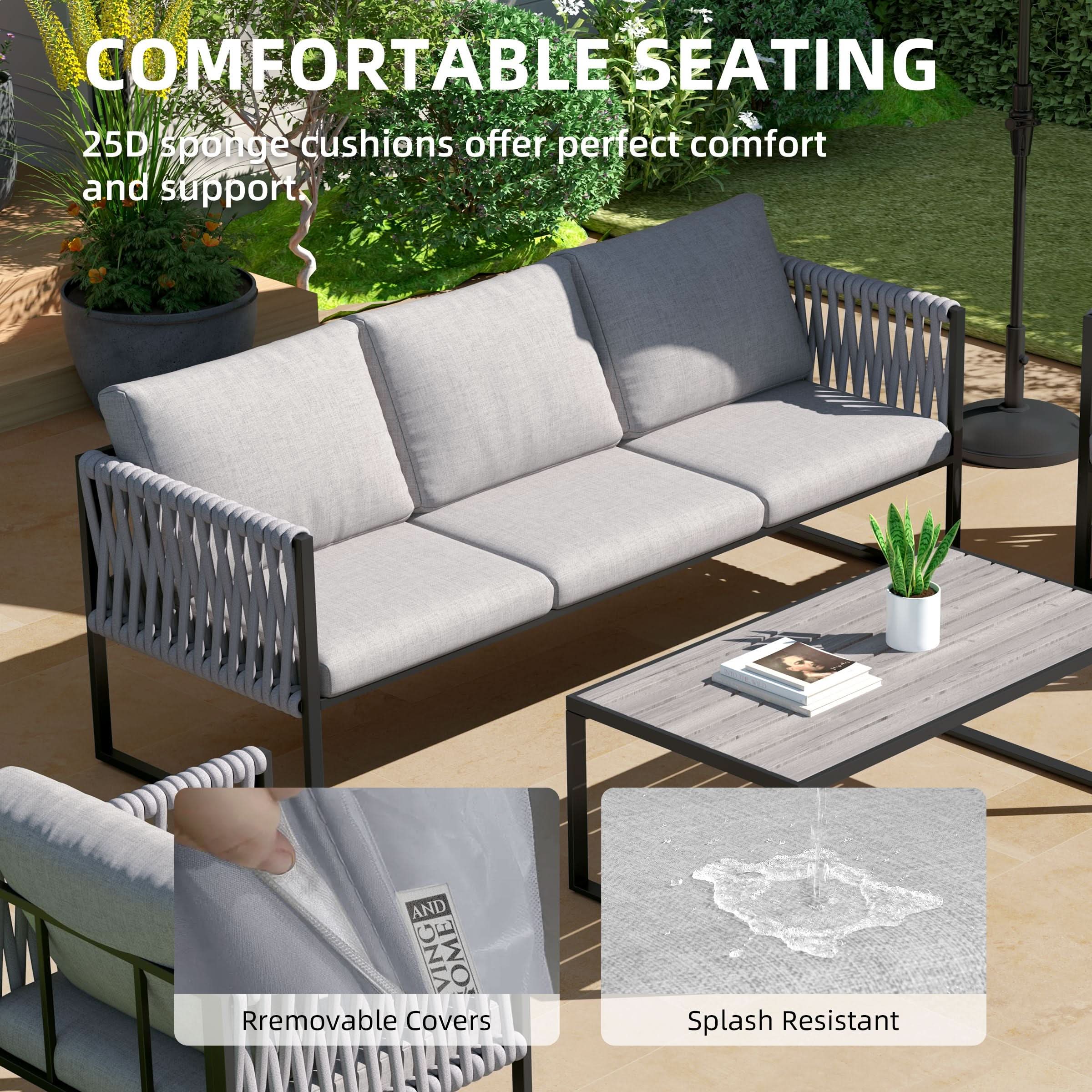 4 Piece Outdoor Garden Sofa Set with Rope Detailing and Sturdy Metal Frame