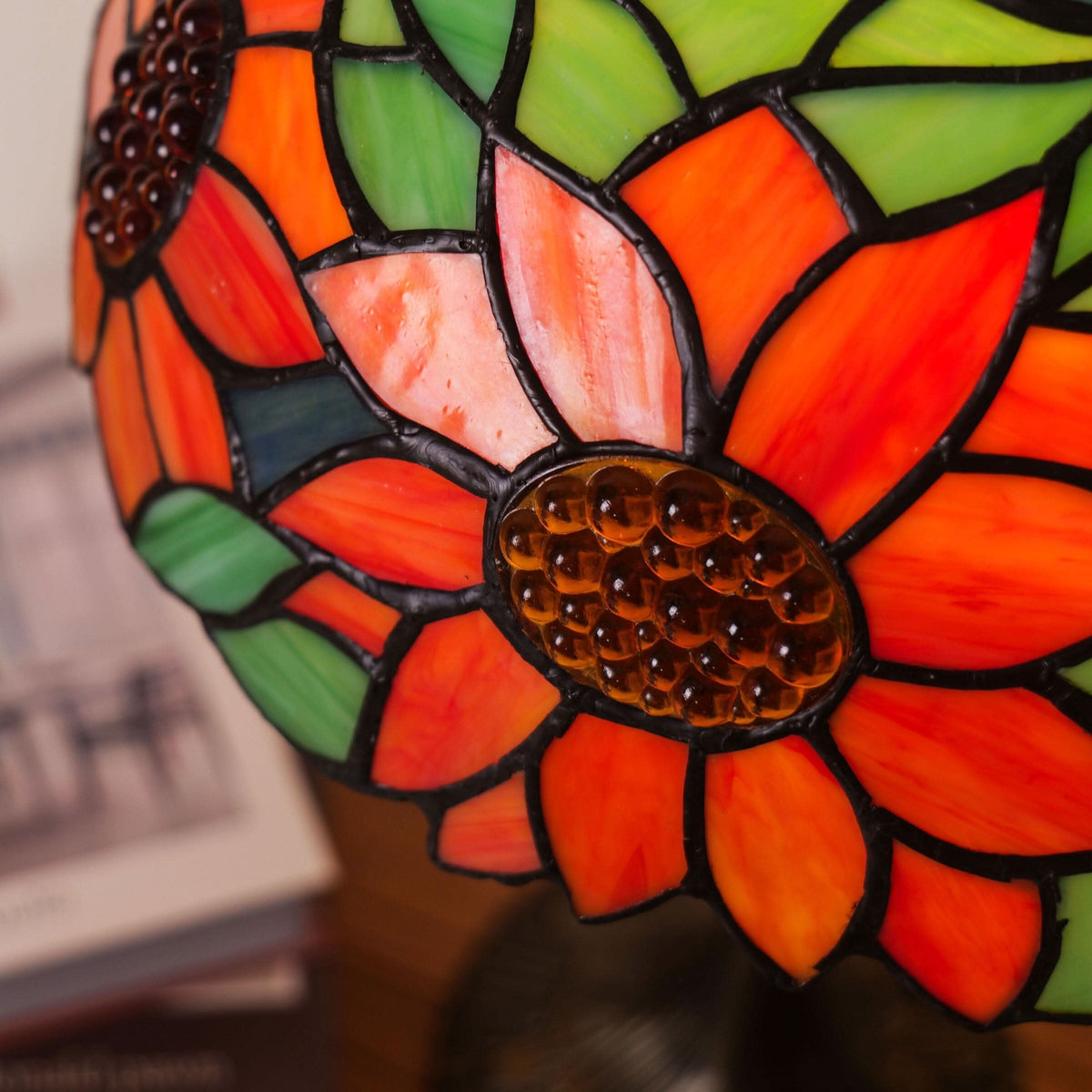 Lightsin Tiffany Table Lamp | Handcrafted Stained Glass Floral Petals Series Green and Blue