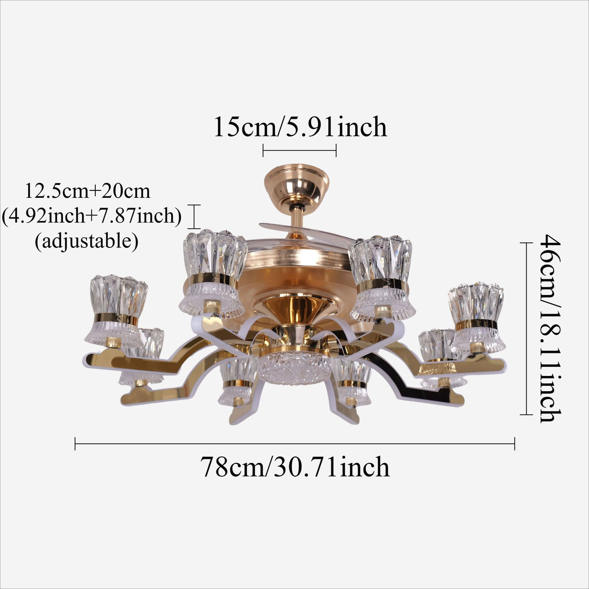 Lightsin Ceiling Fan Light with Gold Copper and Crystal 78cm Elegant Fan Light