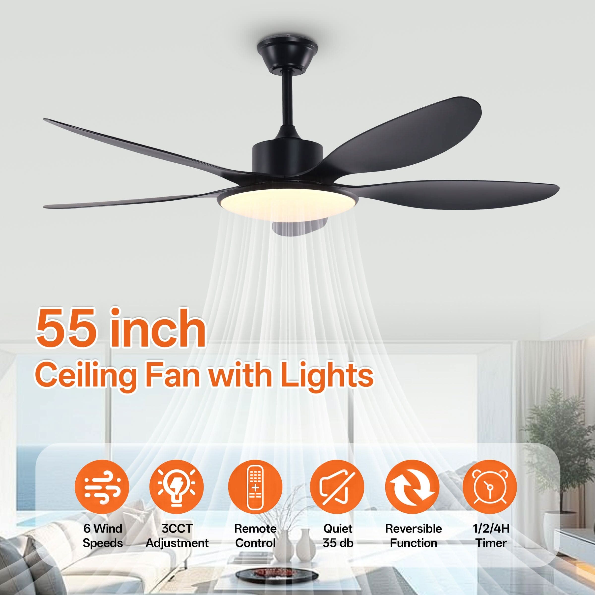 Lightsin 53-inch Modern Ceiling Fan with Light, Silent 5-Blade LED Fan with Remote