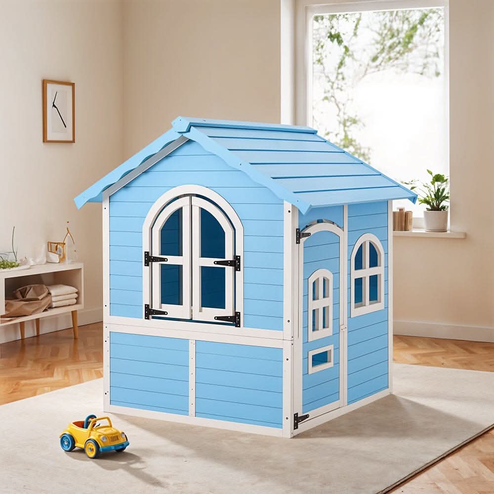 Blue Wooden Playhouse for Kids with Doors & Windows – Polished Fir Wood, Easy Assembly
