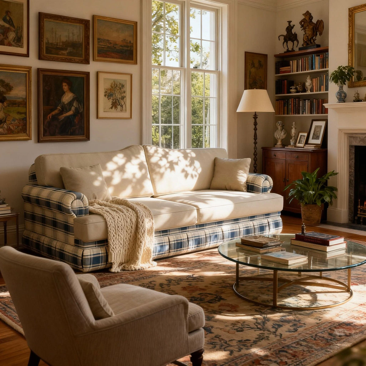 Cottonfy Heritage Plaid Skirted Sofa with Concealed Storage Drawers