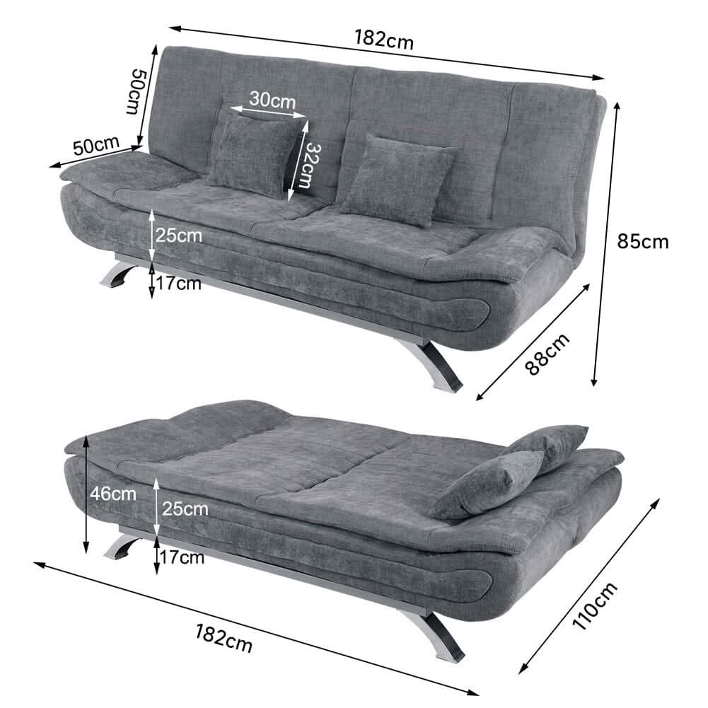 3-Seater Linen Convertible Sofa Bed with 2 Pillows in Grey