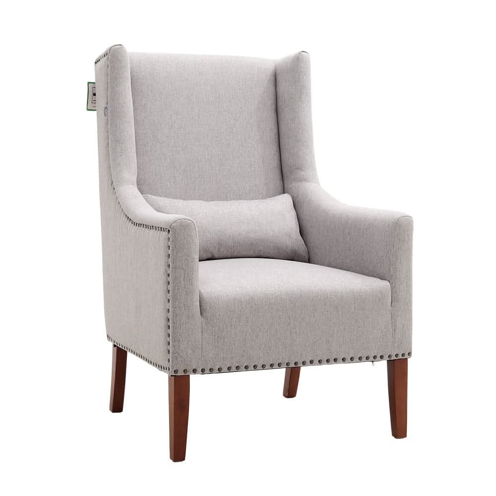 Grey Burlap High Back Studded Armchair with Cushion