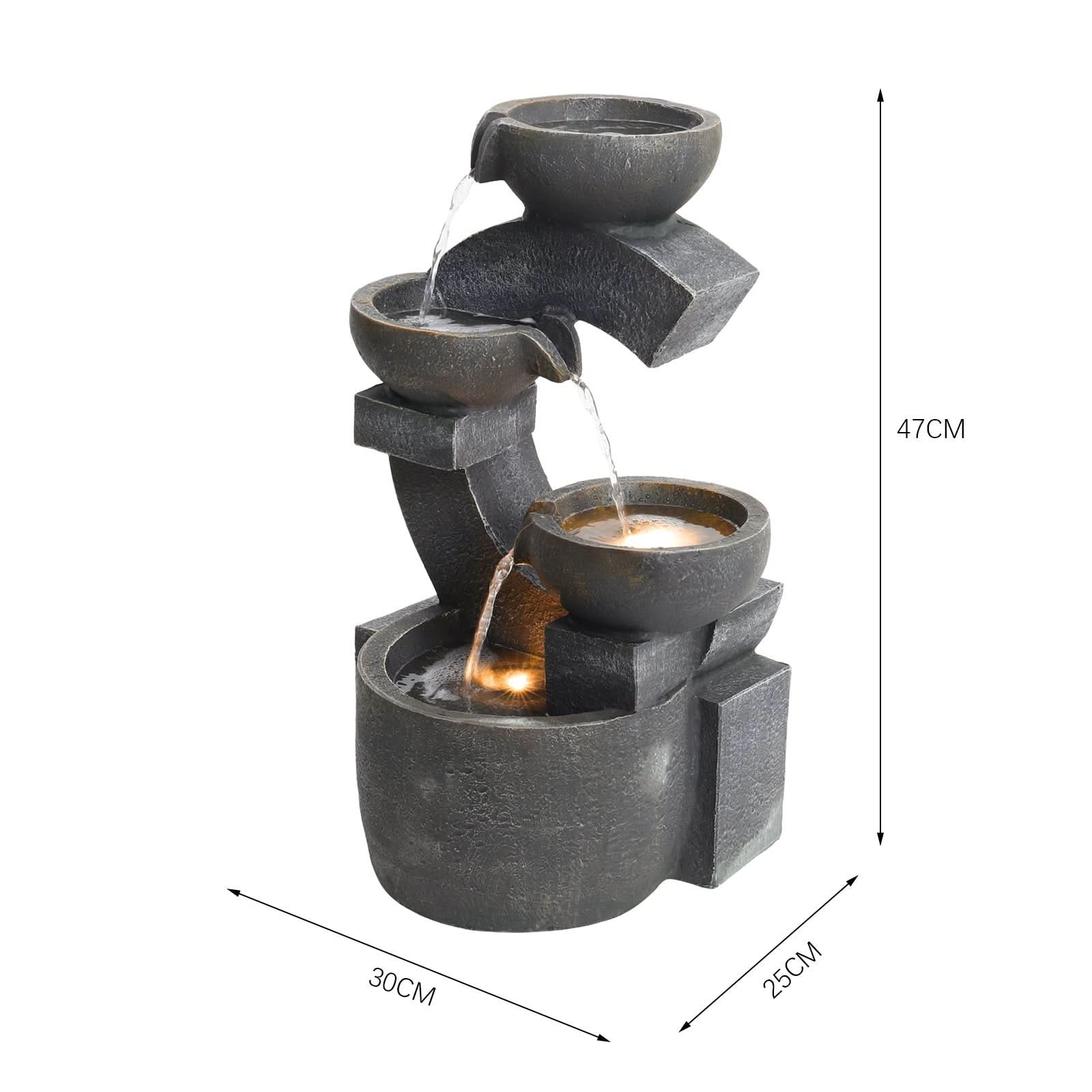 C Shaped Outdoor Fountain Garden Patio Water Feature LED Light Cascade Bowl