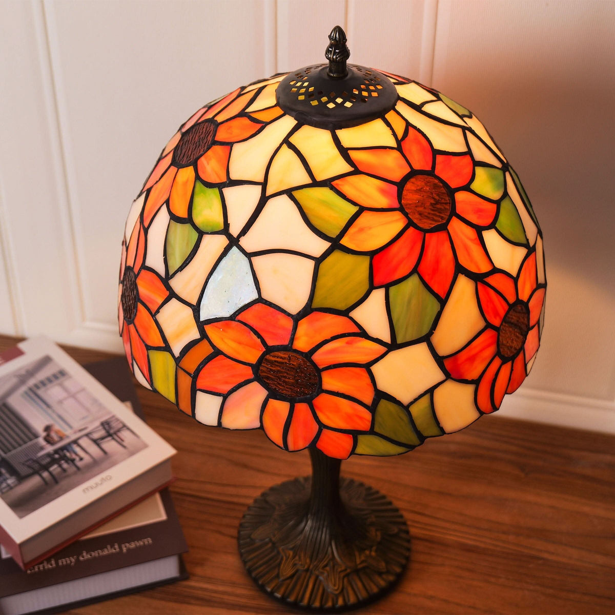 Lightsin Tiffany Table Lamp | Handcrafted Stained Glass Floral Petals Series White and Green