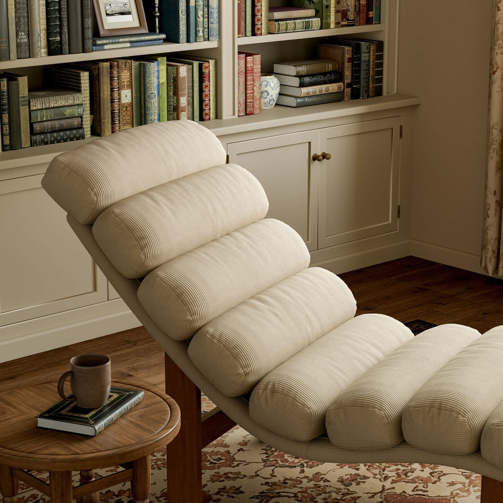 Cottonfy Modern Ergonomic Corduroy Chaise Lounge with Natural Wooden Frame
