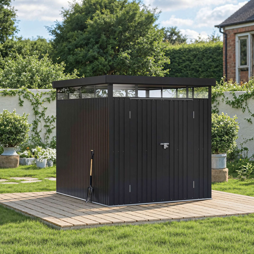 2x2.6x2m/1.6x2.6x2m/2.6x3x2m/4x3x2m Charcoal Black Galvanized Steel Storage Shed with Double/Single Lockable Doors