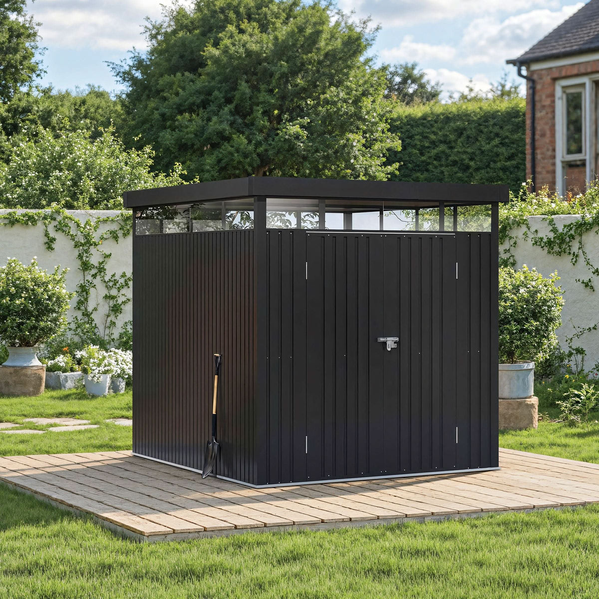 2x2.6x2m/1.6x2.6x2m/2.6x3x2m/4x3x2m Charcoal Black Galvanized Steel Storage Shed with Double/Single Lockable Doors