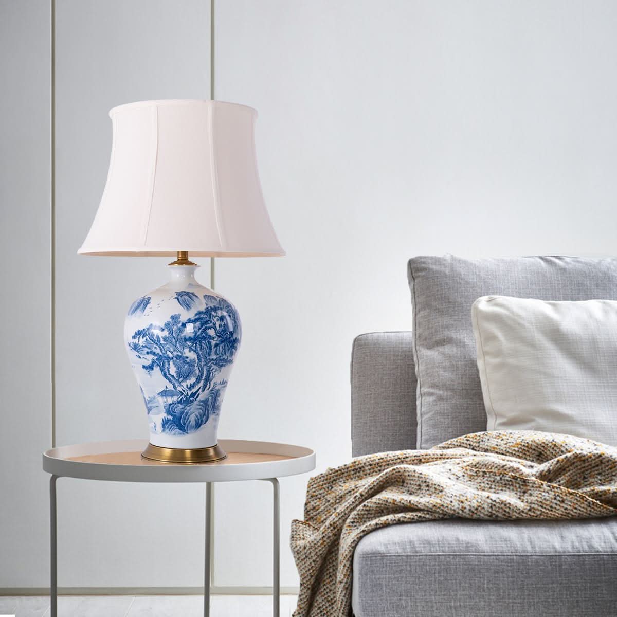 Lightsin Classic Ceramic Desk Lamp Blue and White with Fabric Shade