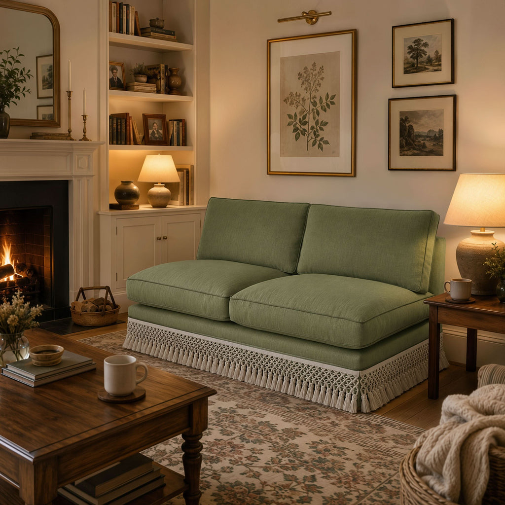 Armless Sofa with Fringed Trim and Removable Covers