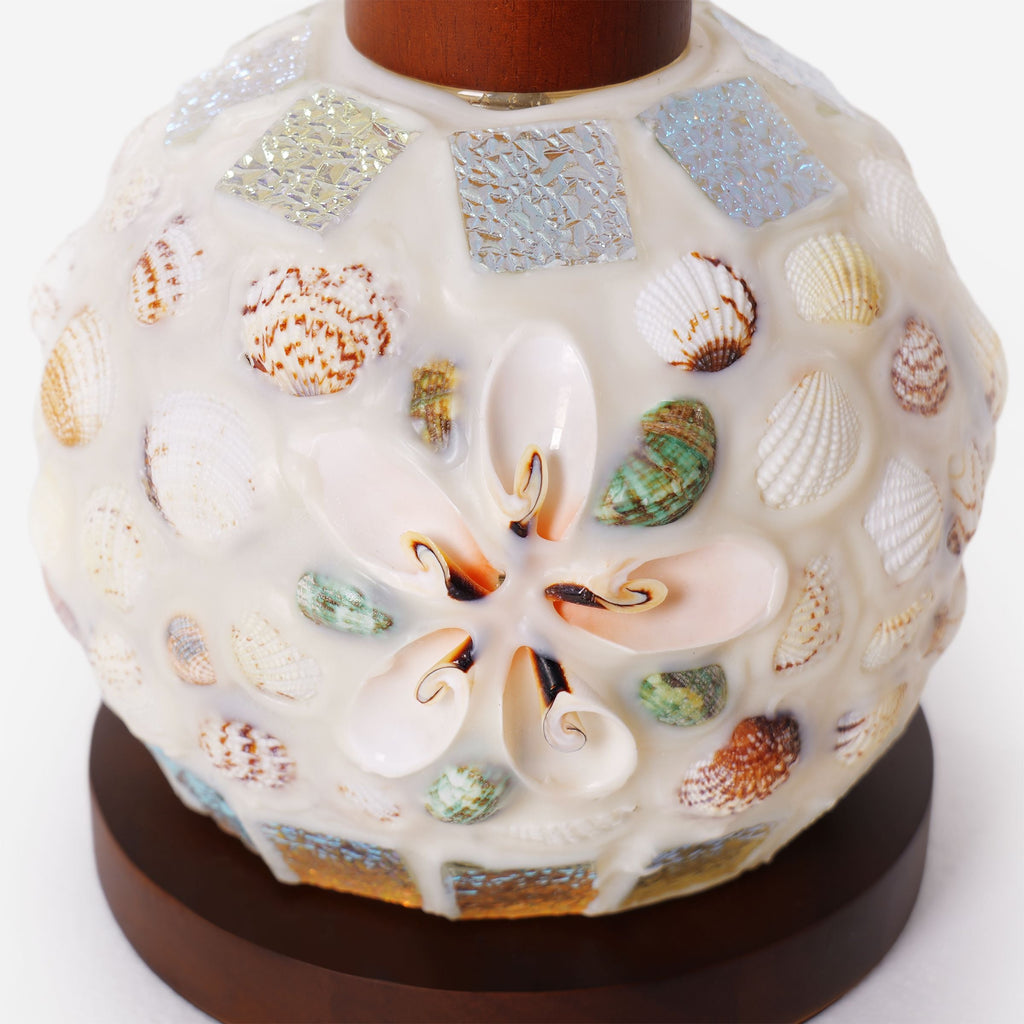 Mosaic Seashell Table Lamp - Coastal Glass & Wood Bedside Light