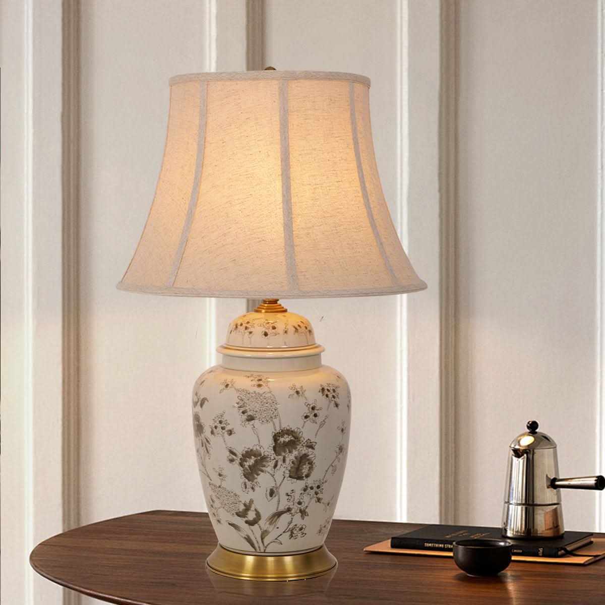 Lightsin Table Lamp Ceramic and Copper Chrysanthemum Design with Fabric Shade