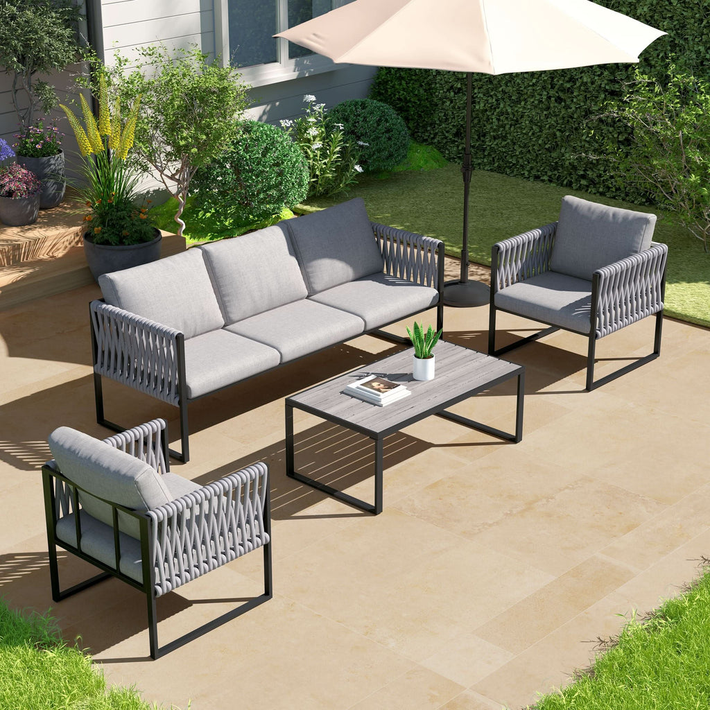 4 Piece Outdoor Garden Sofa Set with Rope Detailing and Sturdy Metal Frame