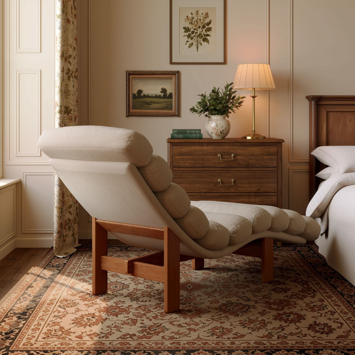 Cottonfy Modern Ergonomic Corduroy Chaise Lounge with Natural Wooden Frame