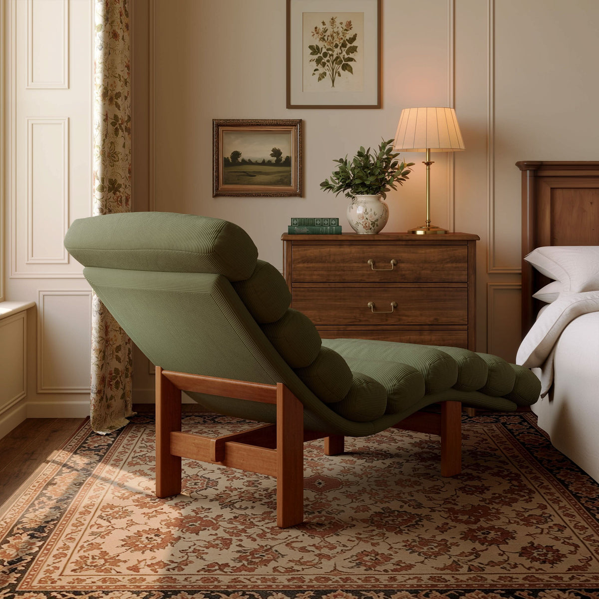 Cottonfy Modern Ergonomic Corduroy Chaise Lounge with Natural Wooden Frame