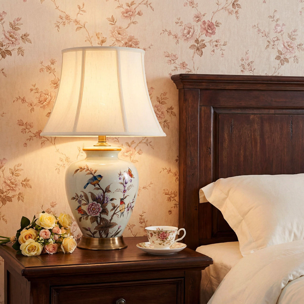 Lightsin Hand-Painted Vintage Ceramic Bird & Floral Table Lamp in Soft Celadon Green