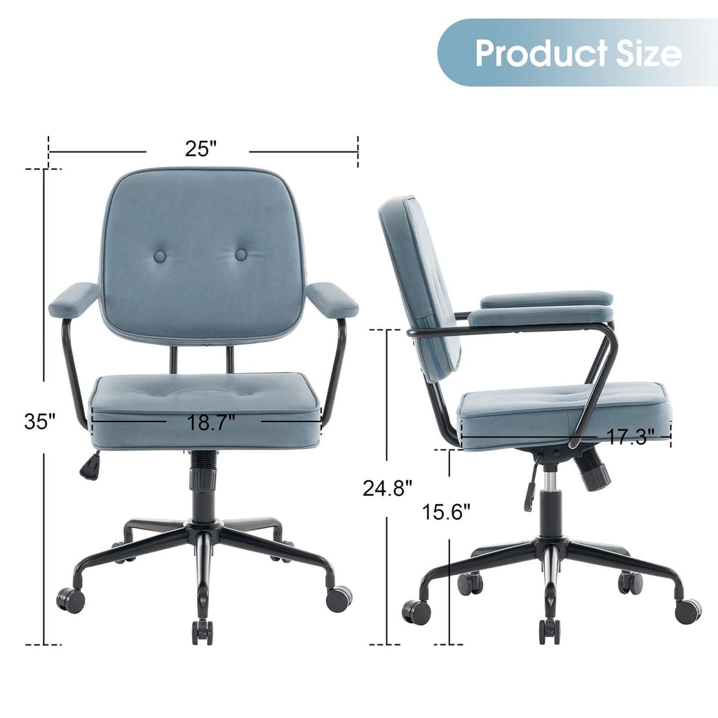 Blue Upholstered Office Chair with Armrests and Rolling Wheels
