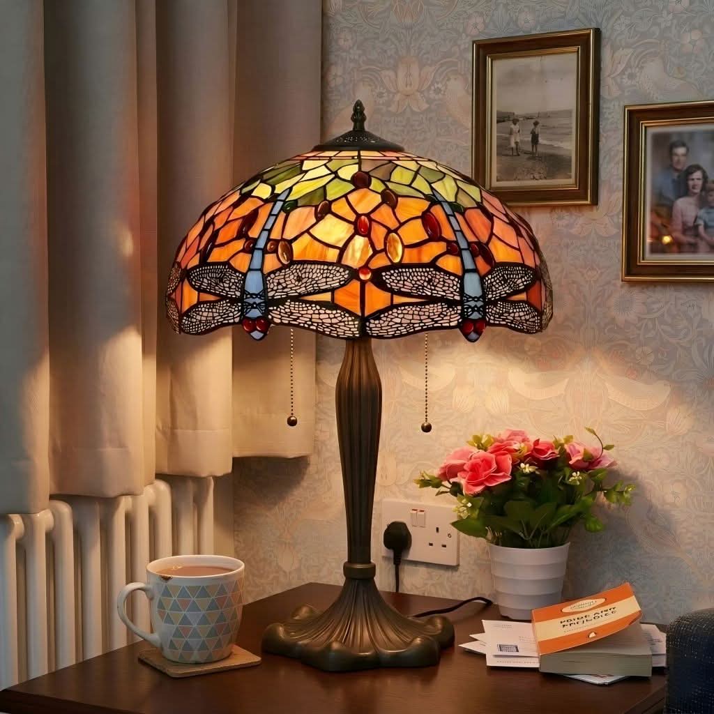 Lightsin Tiffany Table Lamp | Handcrafted Stained Glass Dragonfly Series Blue Dragonfly