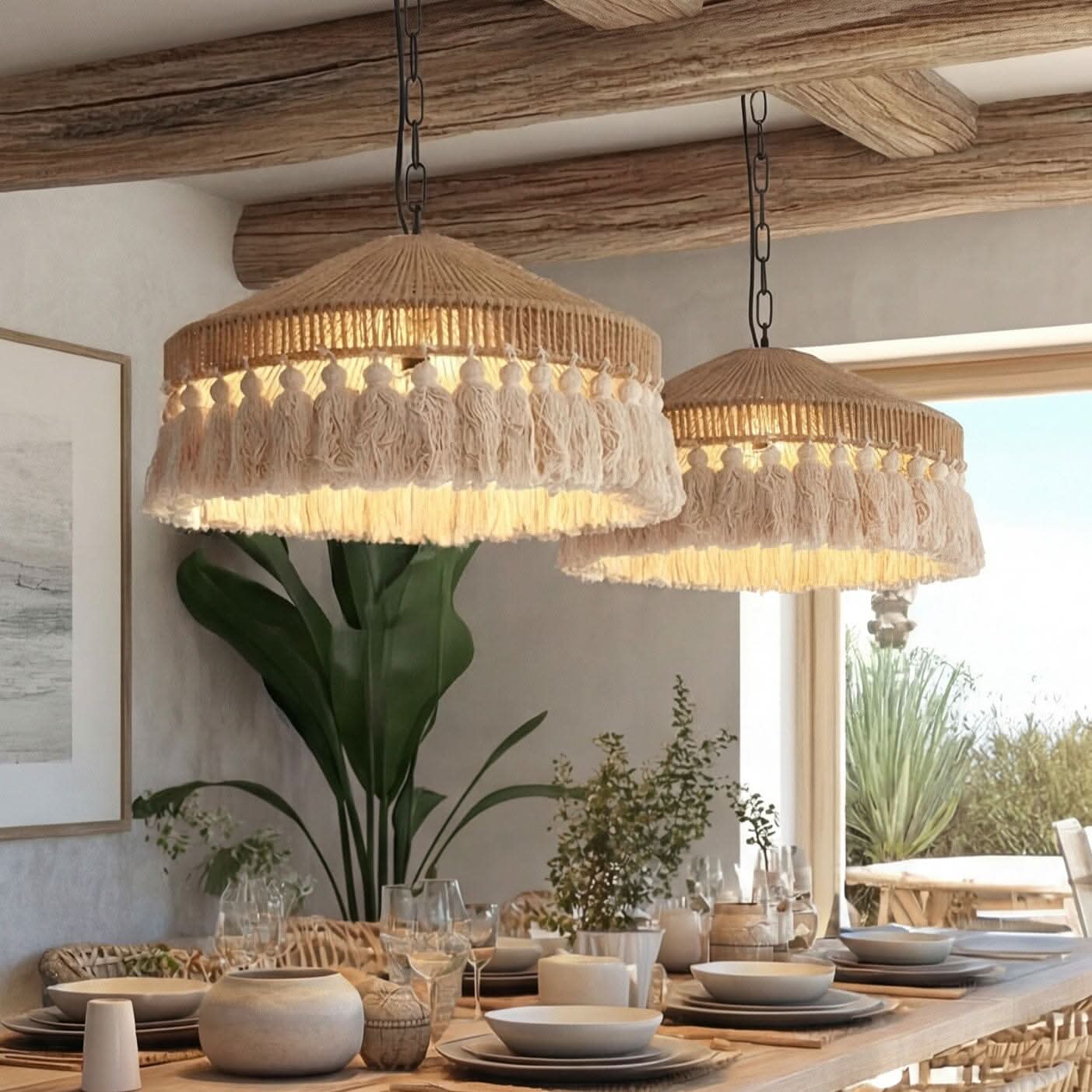 Lightsin Boho Handcrafted Woven Pendant Light with Tassels for Dining Room & Living Room