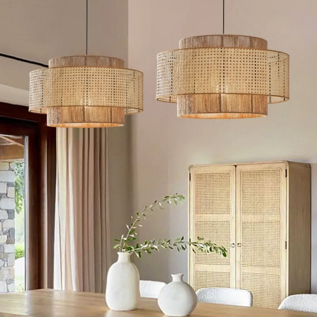 Lightsin Natural Woven Rattan and Hemp Rope Rustic Pendant Light Fixture
