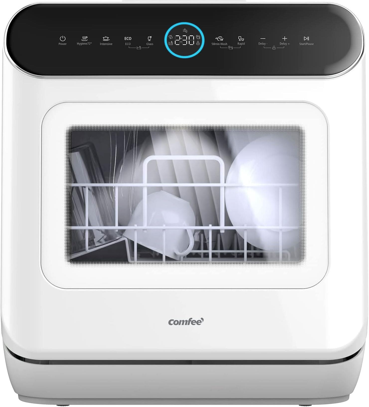 COMFEE 6L White Compact Countertop Dishwasher with LED Display and 6 Place Settings