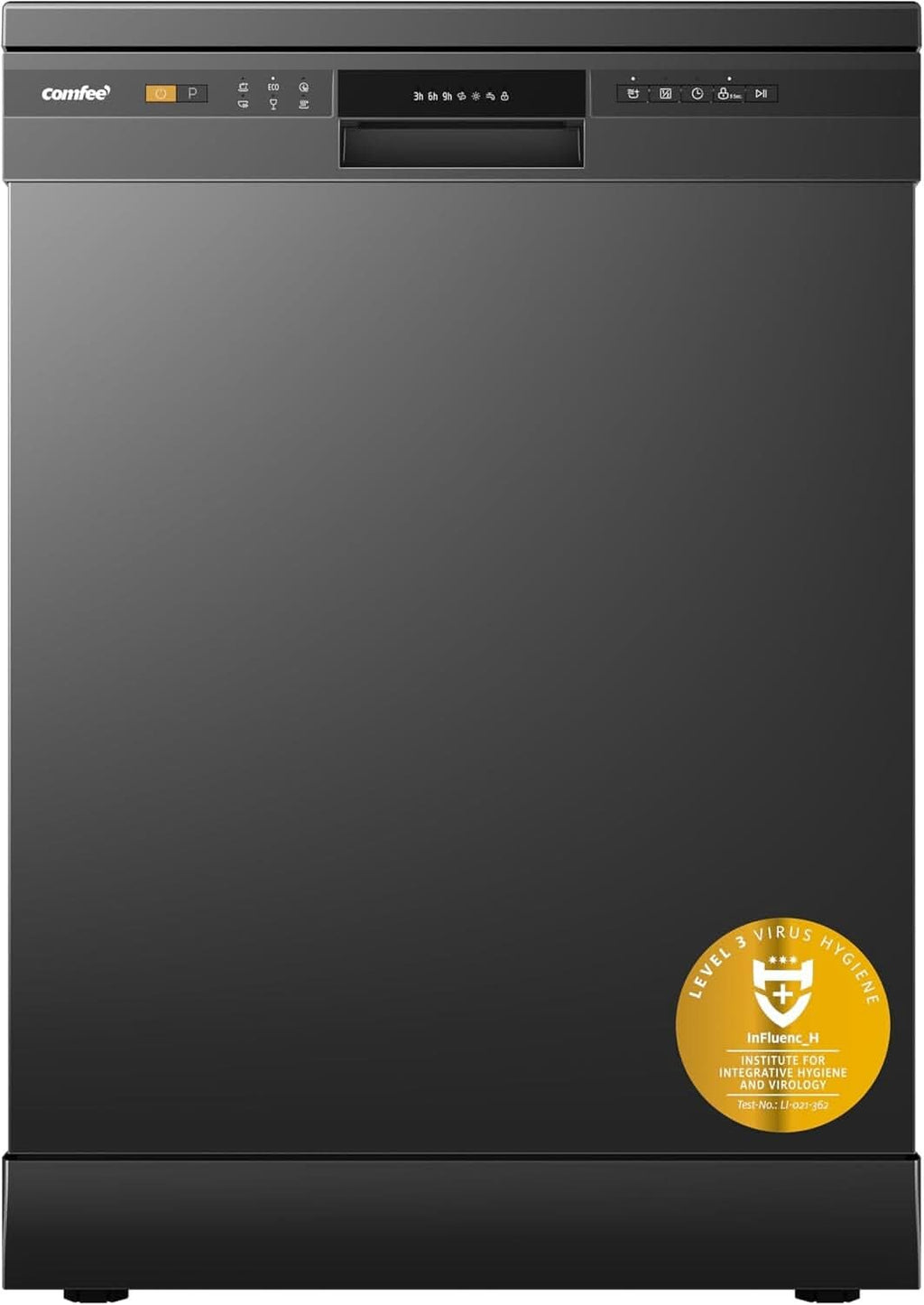 COMFEE 11L Black Freestanding Dishwasher, 60cm Full Size with 12 Place Settings and Quick Wash