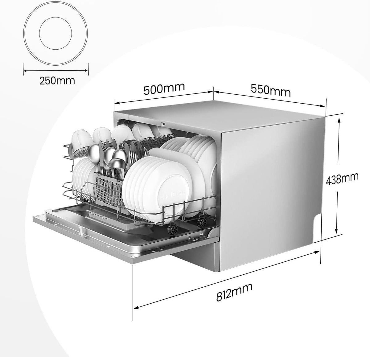 COMFEE 6.5L White/Silver Compact Countertop Dishwasher with LED Display and 6 Place Settings