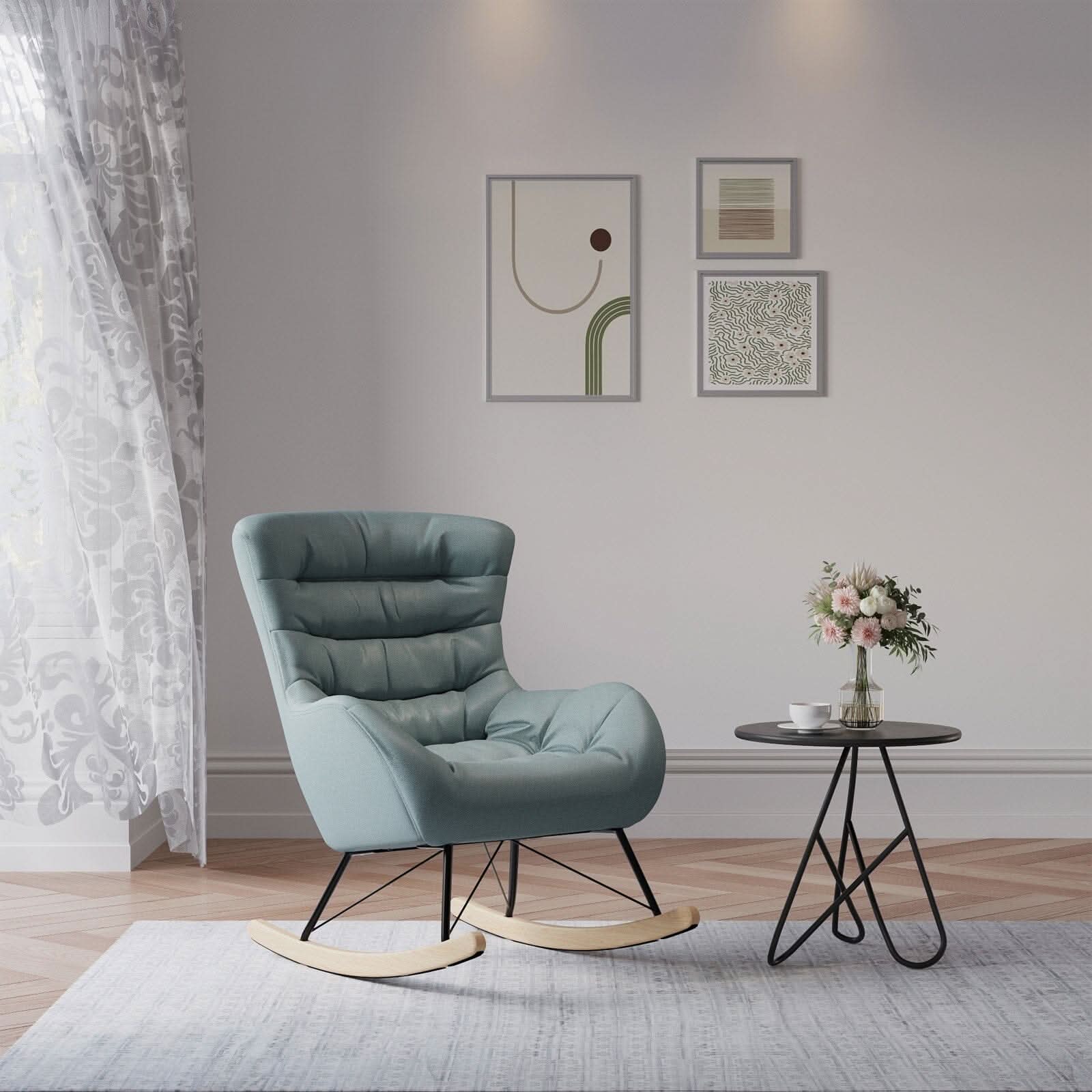 96cm Height Cyan Nordic Wooden Rocking Chair for Living Room Bedroom