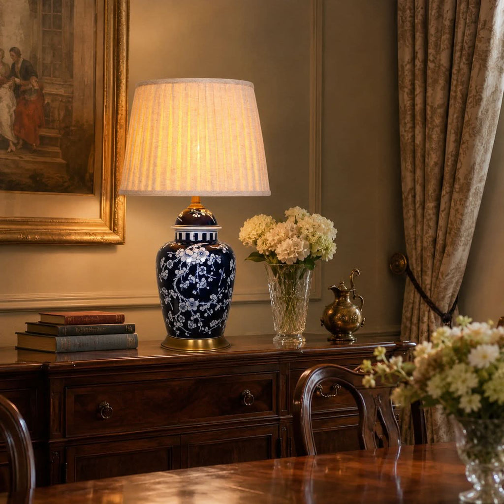 Lightsin Vintage Desk Lamp Ceramic Floral Design with Brass Base and Fabric Shade