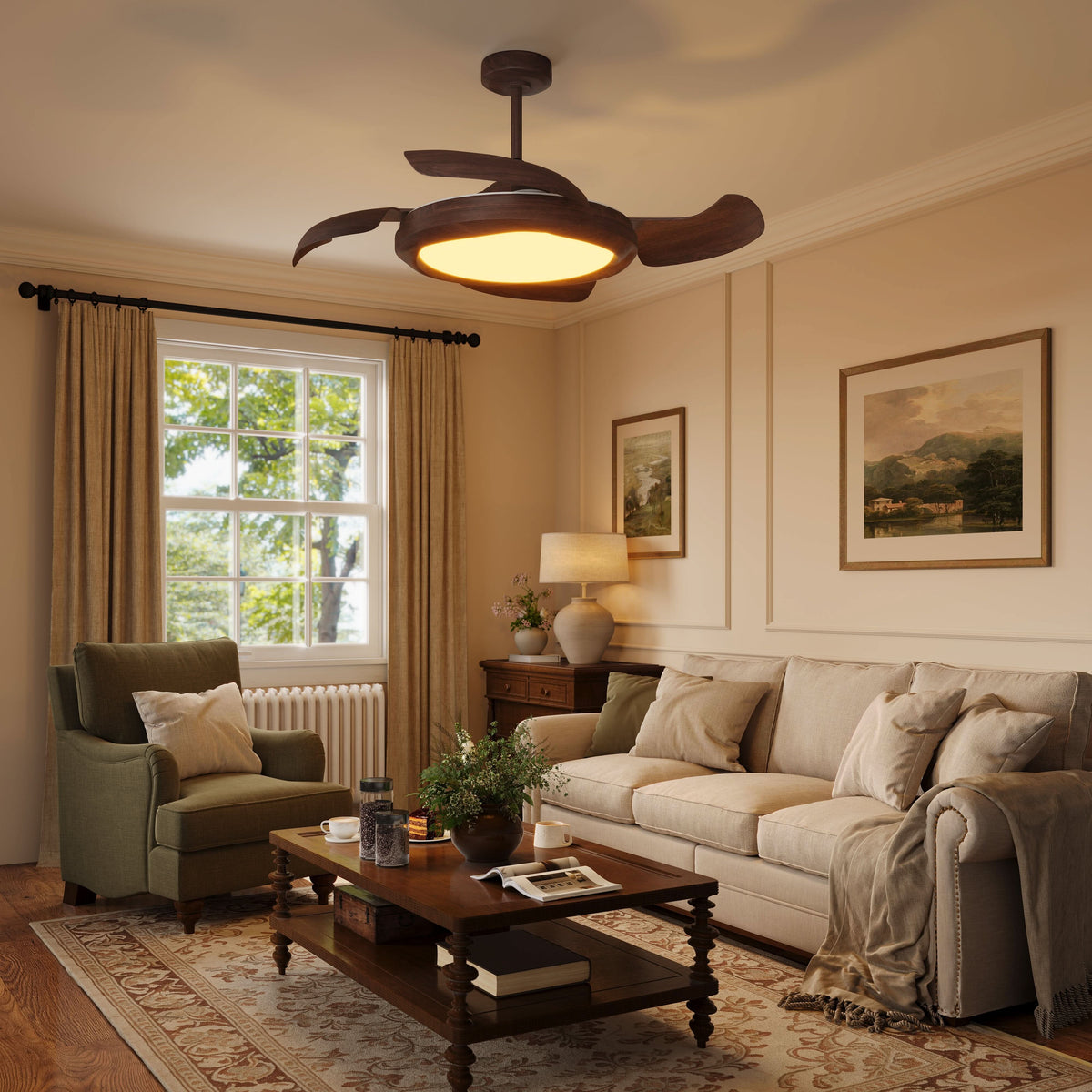 Lightsin Walnut Effect LED Ceiling Fan Light with Remote for Living Room & Bedroom