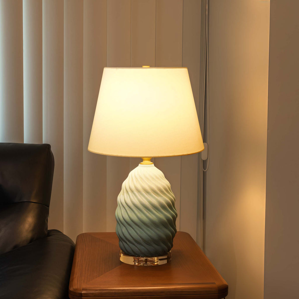 Lightsin 3D Green White Gradient Threaded Ceramic Table Lamp with Fabric Shade