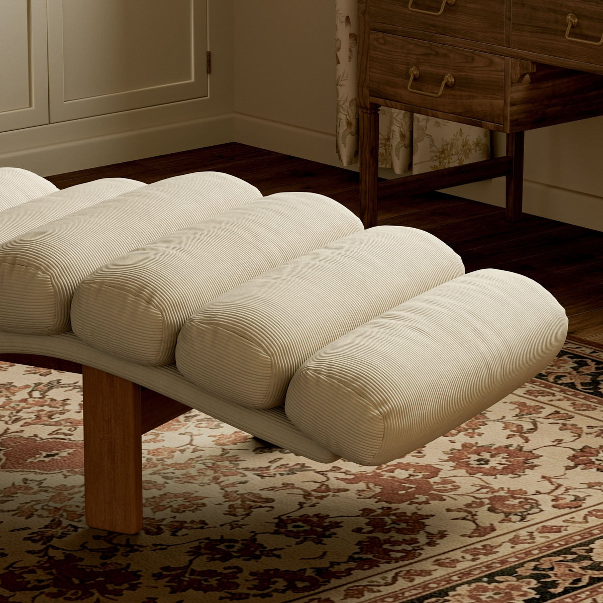 Cottonfy Modern Ergonomic Corduroy Chaise Lounge with Natural Wooden Frame