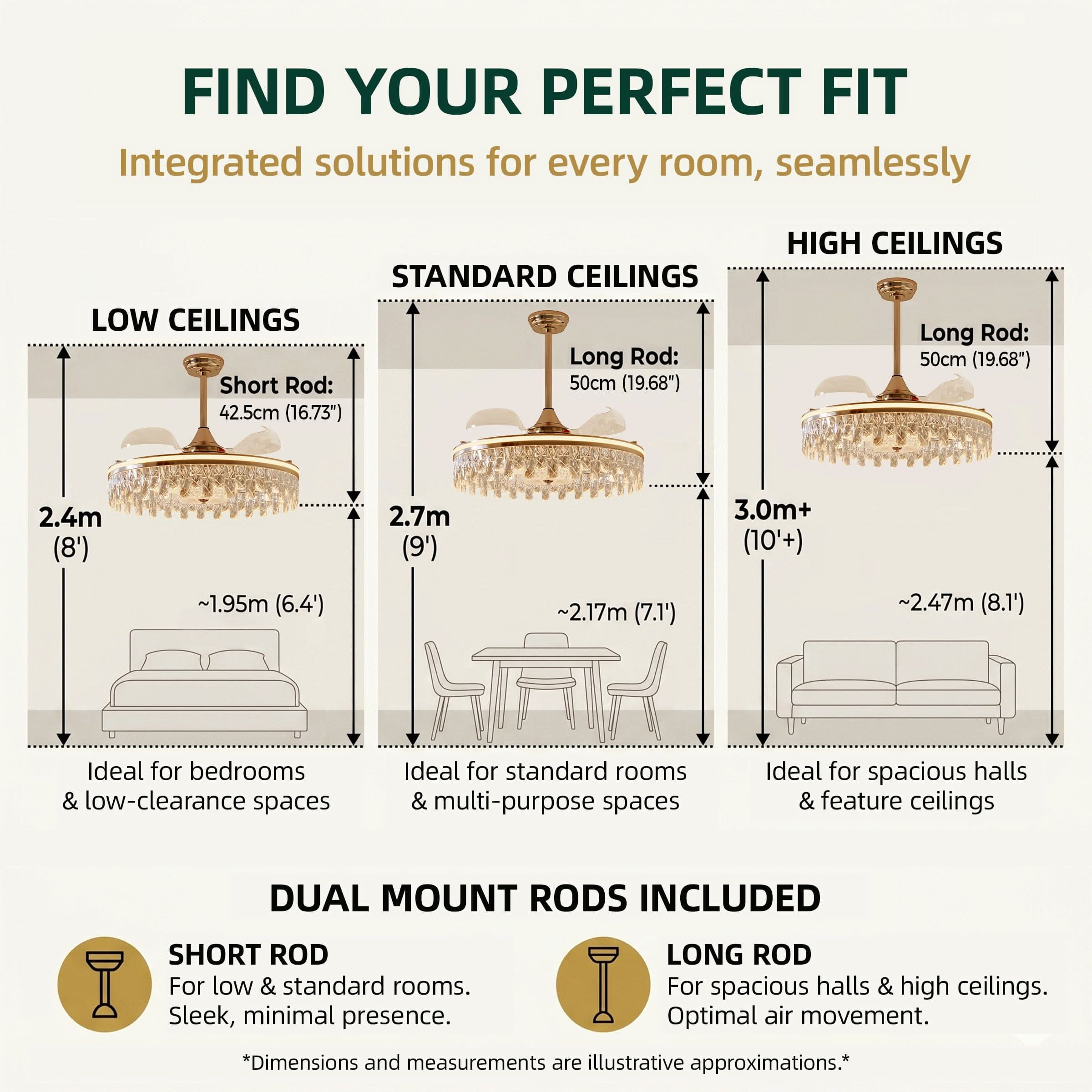 Lightsin 60cm Modern Gold Crystal Ceiling Fan with Light