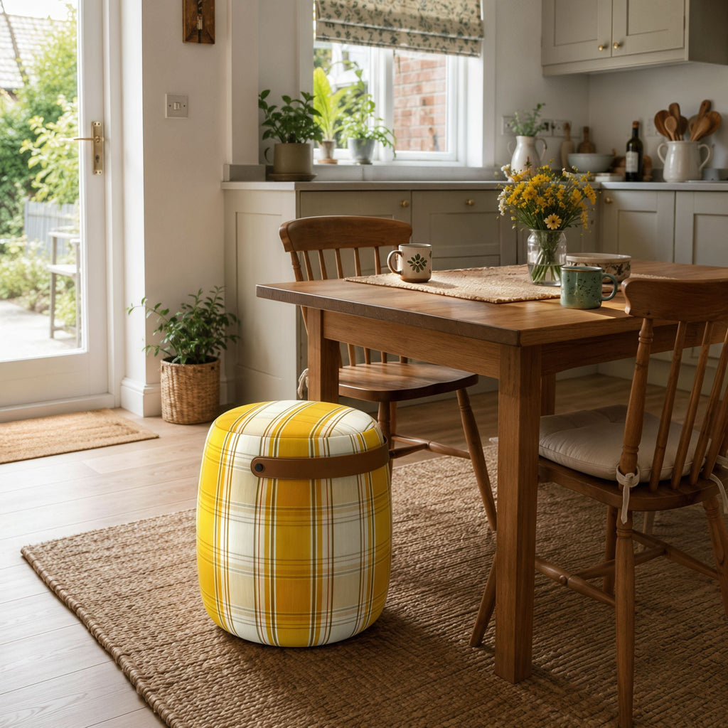 Haven British Check Round Pouffe Footstool with Leather Handle