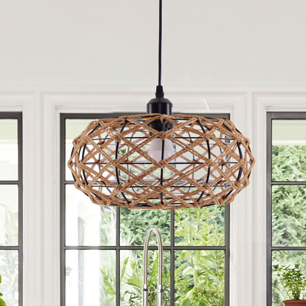 Glyph-Lightsin Handwoven Paper Rope Pendant Light – Rustic Natural Ceiling Fixture for Bedroom, Dining & Living Rooms