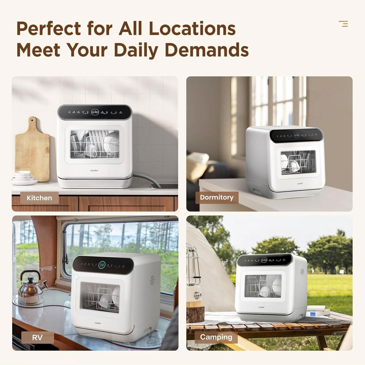 COMFEE 6L White Compact Countertop Dishwasher with LED Display and 6 Place Settings