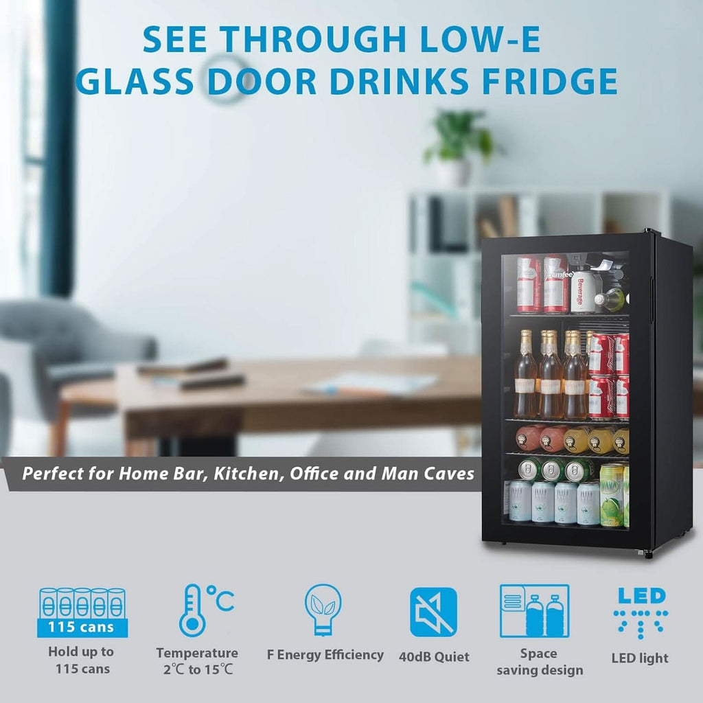 COMFEE 93L Black Compact Drinks Fridge with Adjustable Shelves and LED Light
