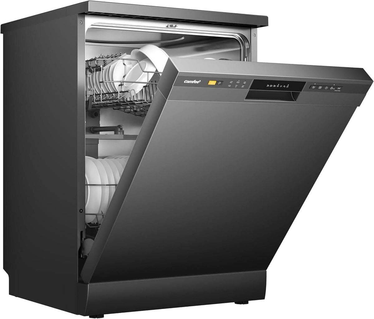 COMFEE 11L Black Freestanding Dishwasher, 60cm Full Size with 12 Place Settings and Quick Wash