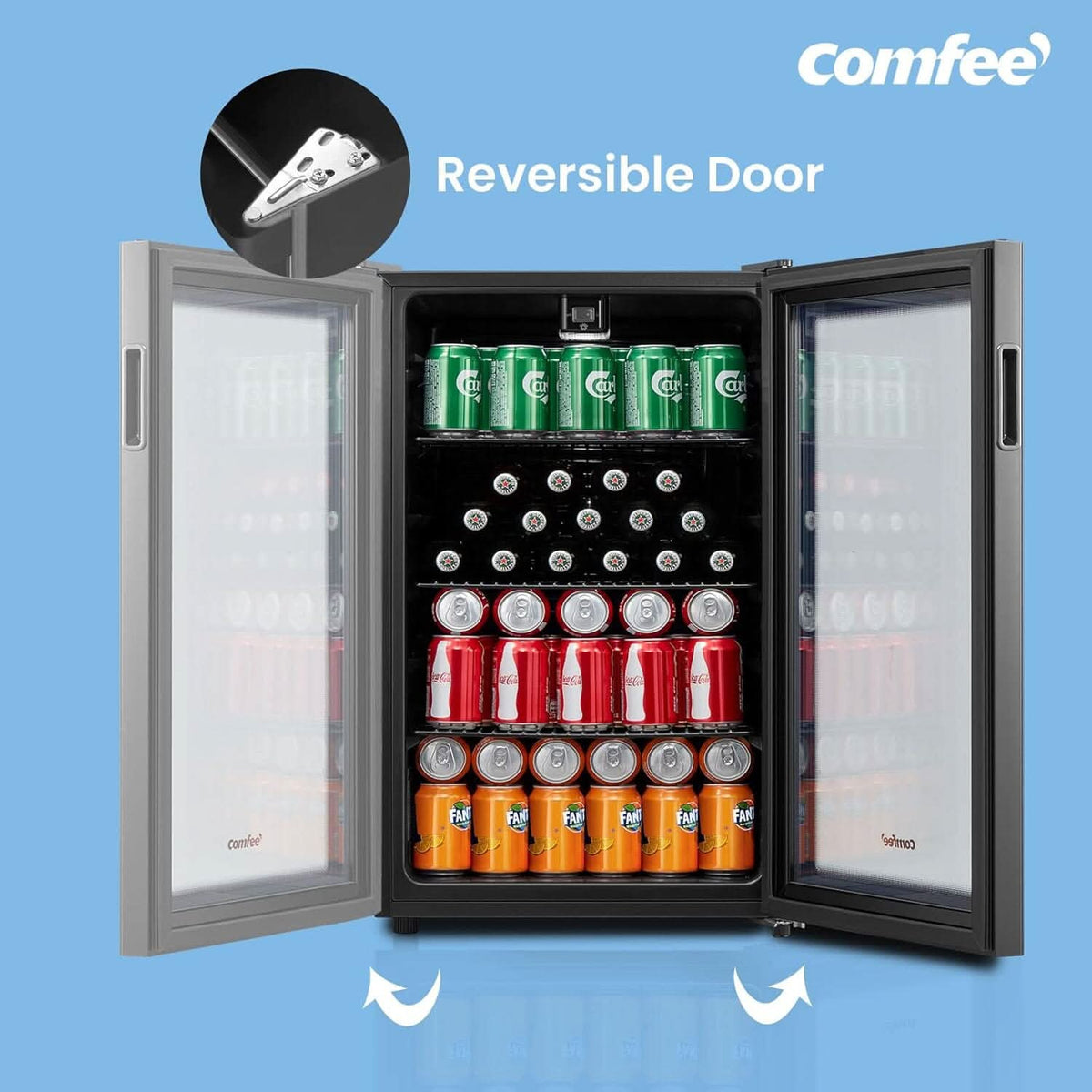 COMFEE 93L Black Compact Drinks Fridge with Adjustable Shelves and LED Light
