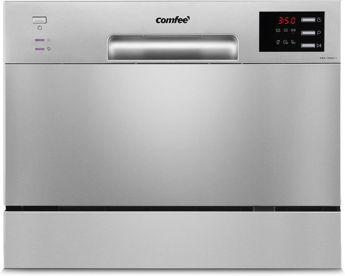 COMFEE 6.5L White/Silver Compact Countertop Dishwasher with LED Display and 6 Place Settings