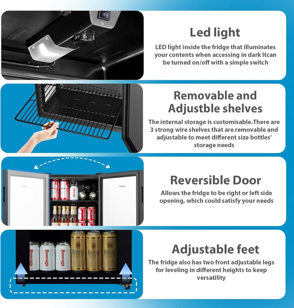 COMFEE 93L Black Compact Drinks Fridge with Adjustable Shelves and LED Light