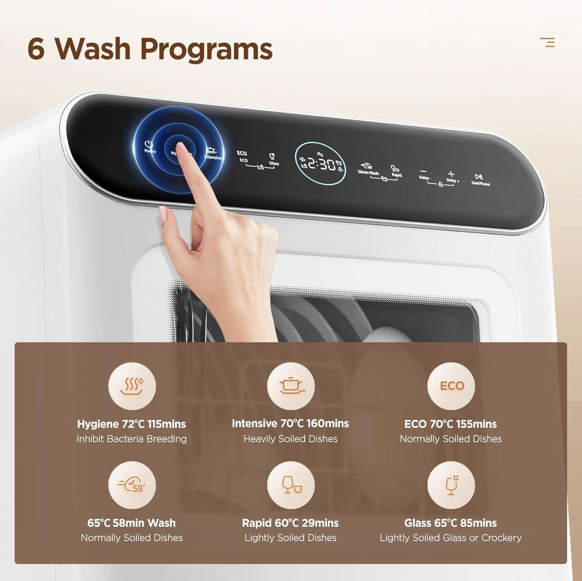 COMFEE 6L White Compact Countertop Dishwasher with LED Display and 6 Place Settings