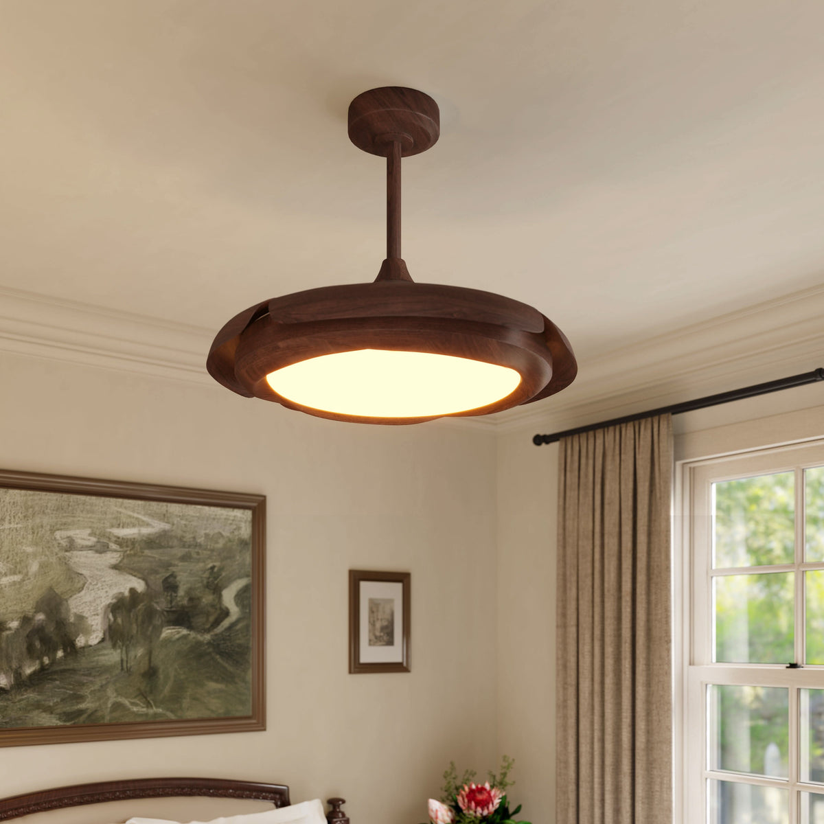 Lightsin Walnut Effect LED Ceiling Fan Light with Remote for Living Room & Bedroom